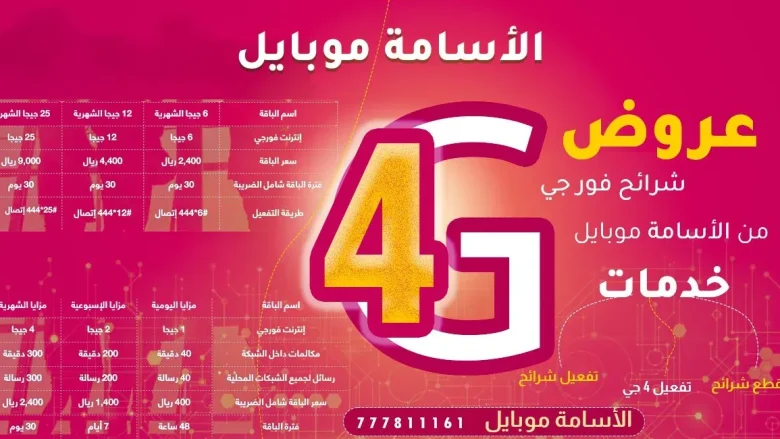 عروض الاسامه فور جي jpg | الإستعلام حول رصيد فور جي يمن موبايل معرفة كم باقة 4G معرفة رصيد يمن موبايل Yemen mobile 4G